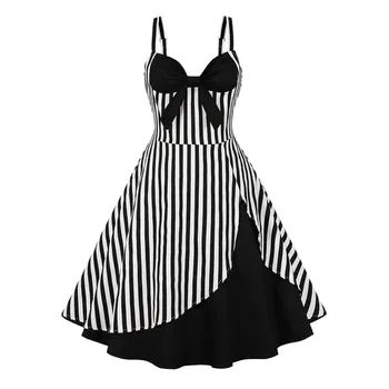 Vasaros Rockabilly Suknelės Moterims 2023 Derliaus Elegantiškas Spageti Dirželis Lankas Dryžuotas Spausdinti Atsitiktinis Šalies Pin Up Čiuožėjas Swing Suknelė