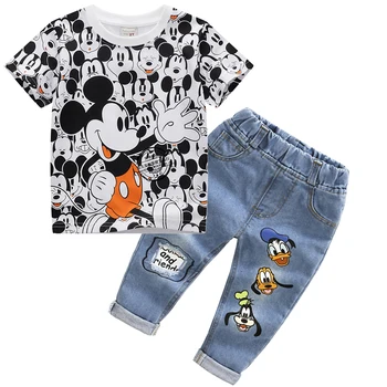 Vasarą Kūdikis Mergaitės Berniukai Drabužių Rinkinys Vaikams, Cartoon Minnie, Mickey Mouse T-marškiniai + Džinsai, Kelnės 2vnt Vaikams Drabužiai, sportiniai Kostiumai