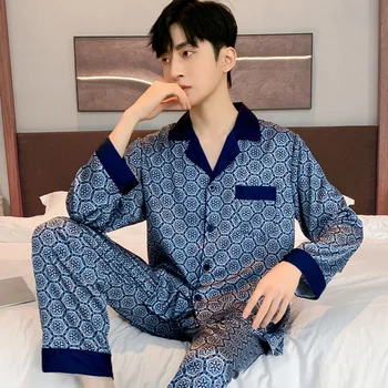 Vyras Satino Mygtuką Pižama su Kelnių Kostiumas 2Pieces Sleepwear Vasaros Blue Print Pijama