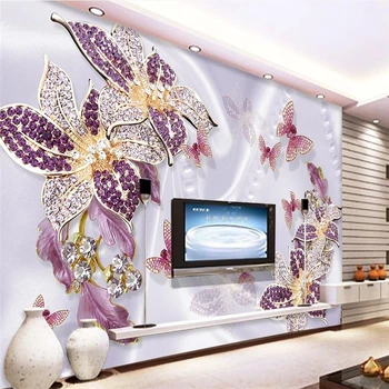 wellyu Individualų didelės freskos 3d tapetai, prabangūs Europos violetinė papuošalai gėlių 3D TV kambarį foną