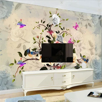 wellyu Užsakymą tapetai ranka-dažytos vintage rose paukščių TV fono sienos užsakymą didelės freskos žalia tapetai papel de parede