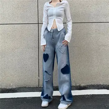 Širdies Siuvinėjimo Baggy Jeans Moterų Aprangą Gatvės Derliaus Susiuvimo High Waisted Moteris, Džinsai Atsitiktinis Moterų Džinsai Kelnės